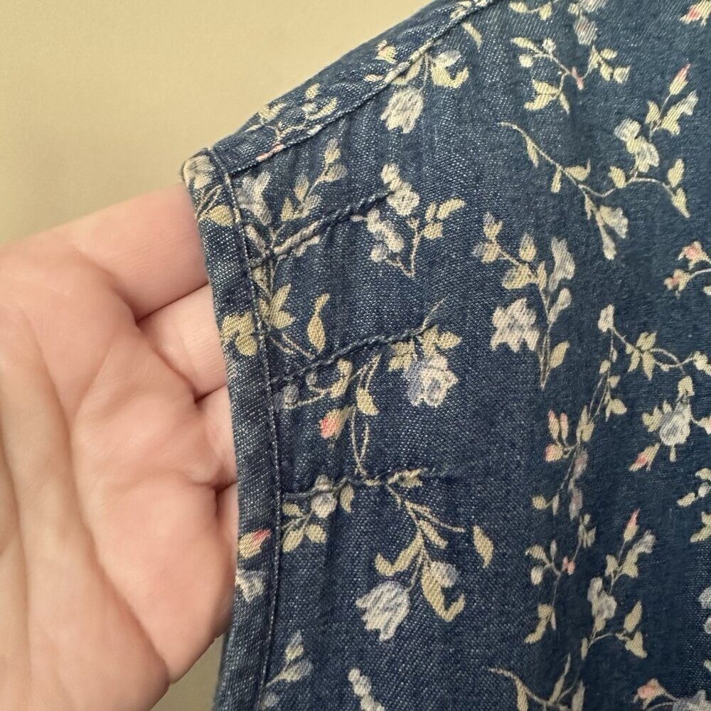 VTG Denim Collared Maxi Shirt Dress Floral Women 12 Cottagecore Farm High Waist - Picture 3 of 9